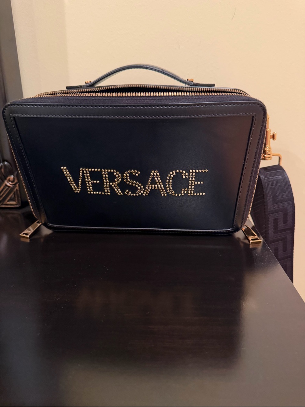 Versace Black Leather Stud Logo Messenger Bag with Gold Hardware
